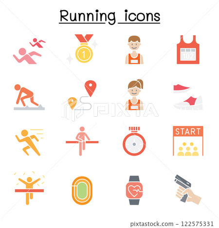 Running competition icon set in flat color style 122575331