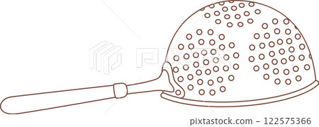 Simple line drawing featuring a brown kitchen strainer, showcasing round holes and a long handle, perfect for filtering ingredients and efficiently draining liquids Simple line drawing featuring a brown kitchen strainer, showcasing round holes and a long handle, perfect for filtering ingredients and efficiently draining liquids 122575366