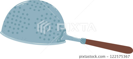 Kitchen utensil featuring a hemispherical metal bowl with small holes for draining excess water or separating solids from liquids, attached to a wooden handle for easy gripping and maneuvering Kitchen utensil featuring a hemispherical metal bowl with small holes for draining excess water or separating solids from liquids, attached to a wooden handle for easy gripping and maneuvering 122575367
