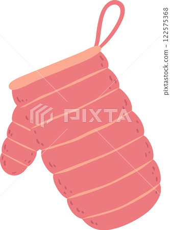 Pink oven mitt hangs, ready to protect hands from burns while handling hot cookware in the kitchen, ensuring safe and comfortable cooking Pink oven mitt hangs, ready to protect hands from burns while handling hot cookware in the kitchen, ensuring safe and comfortable cooking 122575368