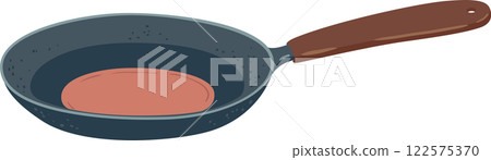 Cartoon drawing featuring a frying pan sizzling with a delicious burger patty, effectively illustrating concepts of cooking and food preparation in a vibrant kitchen setting 122575370