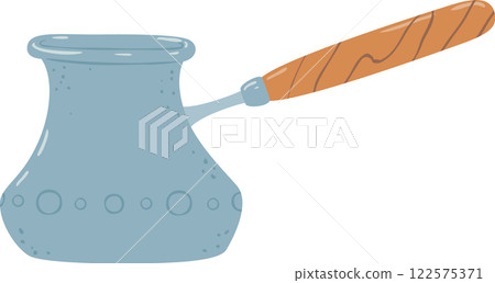 Metal cezve featuring a wooden handle and adorned with decorative circles is brewing rich Turkish coffee, filling the air with enticing aromas and warm steam 122575371