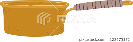 Simple vector illustration of an old cooking pot with a long wooden handle, isolated on a white background, perfect for recipe books or cooking websites Simple vector illustration of an old cooking pot with a long wooden handle, isolated on a white background, perfect for recipe books or cooking websites 122575372