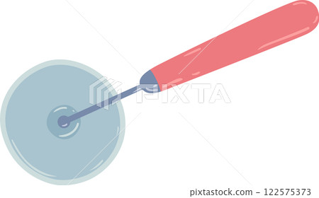 Round pizza cutter with a pink handle slicing through a delicious pizza, featuring a simple vector illustration against a clean white background 122575373