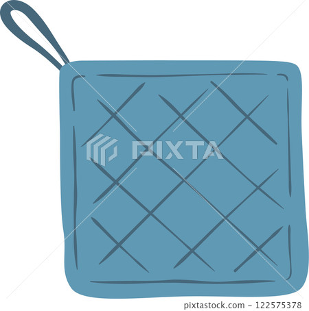 Simple vector illustration of a blue quilted pot holder with hanging loop, isolated on a white background, representing kitchen and cooking concepts 122575378