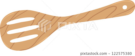 Simple vector illustration of a wooden slotted spoon with a hole for hanging, lying horizontally, isolated on a white background, ideal for cooking and food related designs Simple vector illustration of a wooden slotted spoon with a hole for hanging, lying horizontally, isolated on a white background, ideal for cooking and food related designs 122575380