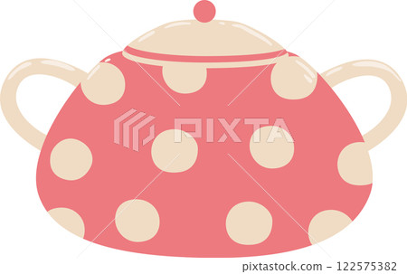 Cute pink teapot adorned with beige polka dots and a charming lid, resting on a white background, offering an ideal solution for storing and serving tea to guests 122575382