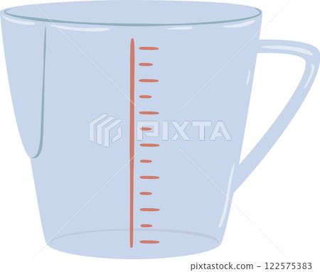 Transparent glass or plastic measuring cup featuring a handle and a red measuring scale, providing an easy way to accurately measure ingredients for cooking and baking tasks Transparent glass or plastic measuring cup featuring a handle and a red measuring scale, providing an easy way to accurately measure ingredients for cooking and baking tasks 122575383