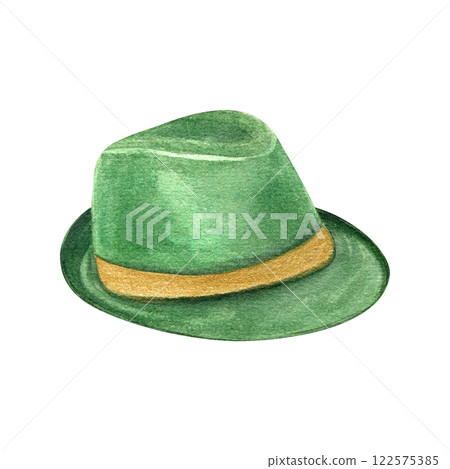 Watercolor green Borsalino felt hat with golden ribbon illustration. Tradition Patrick day headdress accessory for fancy carnival, parade. Fabric clothing element for advertising brochure, poster Watercolor green Borsalino felt hat with golden ribbon illustration. Tradition Patrick day headdress accessory for fancy carnival, parade. Fabric clothing element for advertising brochure, poster 122575385
