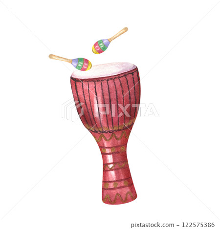 Djembe drum with two colored maraca shakers watercolor illustration isolated background. Traditional Latin and Caribbean music percussion instruments for Mardi Gras, Mexican greeting card Djembe drum with two colored maraca shakers watercolor illustration isolated background. Traditional Latin and Caribbean music percussion instruments for Mardi Gras, Mexican greeting card 122575386