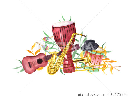 Watercolor carnival musical instruments, black hat among naive green orange leaves illustration. Guitar, saxophone, djembe drum, maraca. Brazilian, Mardi Gras festival composition for poster Watercolor carnival musical instruments, black hat among naive green orange leaves illustration. Guitar, saxophone, djembe drum, maraca. Brazilian, Mardi Gras festival composition for poster 122575391