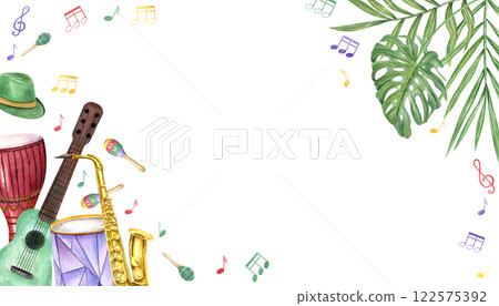 Watercolor Mardi Gras carnival accessories, music instruments, musical notes decorated with tropical leaves horizontal frame with empty space for text. Holiday illustration isolated background 122575392