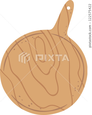Round wooden cutting board with handle, kitchen utensil for cutting vegetables, meat or bread, isolated on white background, chopping board, kitchenware, cooking equipment 122575422