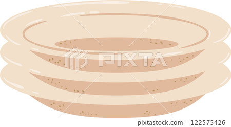 Beige ceramic plates stacked on top of each other, creating a visually appealing repetition of shapes and textures, suitable for kitchen and dining concepts 122575426