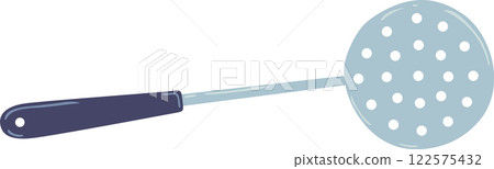 Cartoon illustration of a skimmer with a dark blue handle and a light blue perforated ladle, ideal for frying and serving food in the kitchen Cartoon illustration of a skimmer with a dark blue handle and a light blue perforated ladle, ideal for frying and serving food in the kitchen 122575432