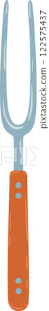 Large meat fork with an orange handle and two metallic prongs is standing upright against a white background, ready for use in a kitchen or barbecue setting Large meat fork with an orange handle and two metallic prongs is standing upright against a white background, ready for use in a kitchen or barbecue setting 122575437
