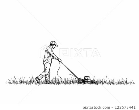 Man Mowing Grass with Lawn Mower Line Art Man Mowing Grass with Lawn Mower Line Art 122575441