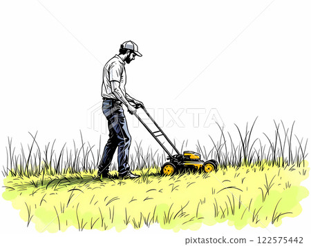 Man Operating Lawn Mower in Grass Field Line Art 122575442