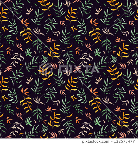 Fantasy colored leaves seamless pattern on black background. Green, orange, pink abstract simple watercolor branches ornate. Tropical summer floral illustration for kitchen textile, package decor. Fantasy colored leaves seamless pattern on black background. Green, orange, pink abstract simple watercolor branches ornate. Tropical summer floral illustration for kitchen textile, package decor. 122575477