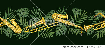 Watercolor musical wind instruments with tropical green leaves horizontal seamless banner isolated on black background. Hand painted saxophone, trombone, trumpet, palm and monstera foliage pattern. 122575478