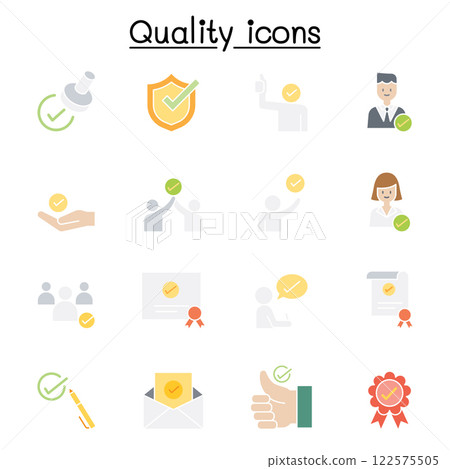 Quality, Approved, Check mark icon set in flat color style 122575505
