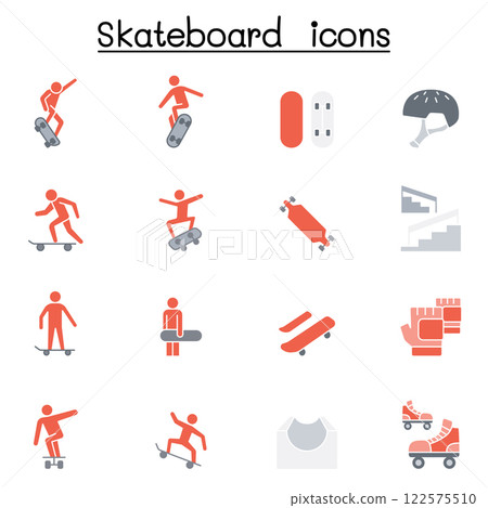 Skateboard icon set in flat color style 122575510