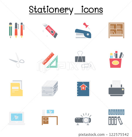 Stationery icon set in flat color style 122575542