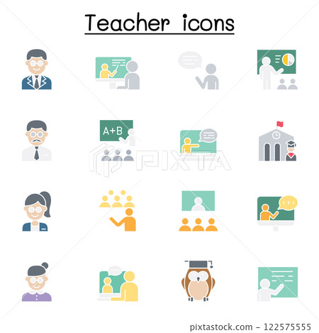 Teacher icon set in flat color style Teacher icon set in flat color style 122575555