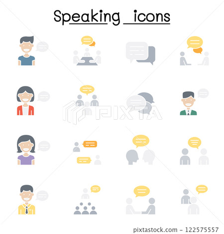 Talk, speech, discussion, dialog, speaking, chat, conference, meeting icon set in flat color style Talk, speech, discussion, dialog, speaking, chat, conference, meeting icon set in flat color style 122575557
