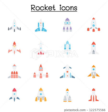 Rocket, spaceship, spacecraft icon set in flat color style 122575566
