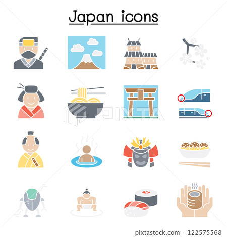 japan icon set in flat color style 122575568