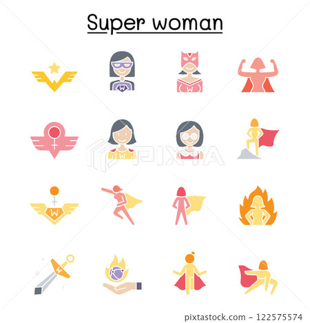 Super woman icon set in flat color style Super woman icon set in flat color style 122575574
