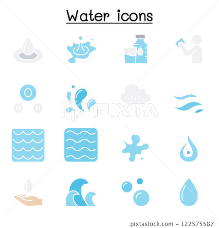 Water, liquid, aqua icon set in flat color style 122575587