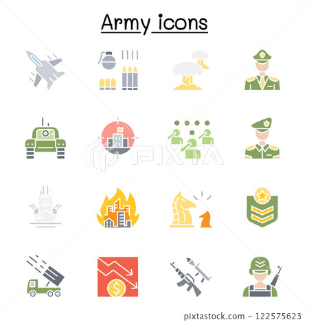 War and army icon set in flat color style 122575623