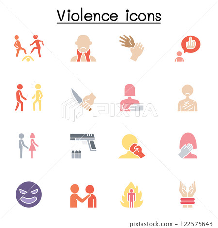 Violence, human trafficking, abuse, sexual harassment icon set in flat color style 122575643