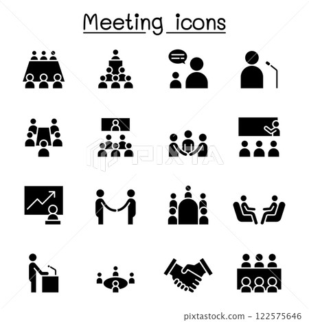 Meeting, conference, seminar, planning icon set in glyph style Meeting, conference, seminar, planning icon set in glyph style 122575646