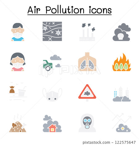 Air pollution icon set in flat color style Air pollution icon set in flat color style 122575647