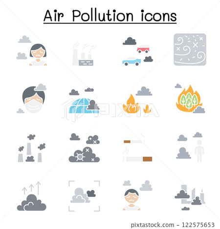 Air pollution, virus crisis, covid-19, corona virus icon set in flat color style 122575653