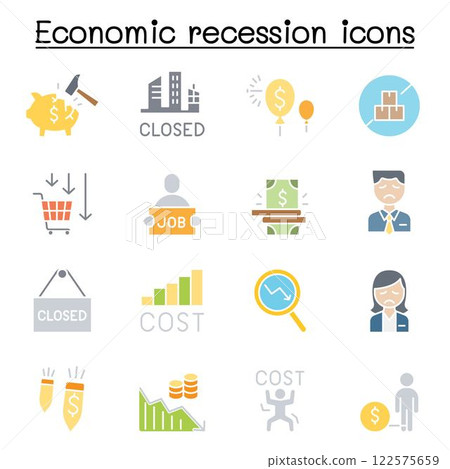 Economic recession, business crisis, trade war icon set in flat color style 122575659