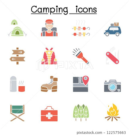 Camping and Hiking icon set in flat color style 122575663