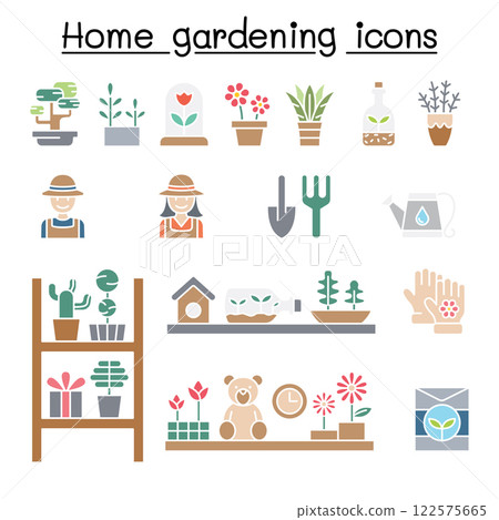 Home gardening icon set in flat color style Home gardening icon set in flat color style 122575665