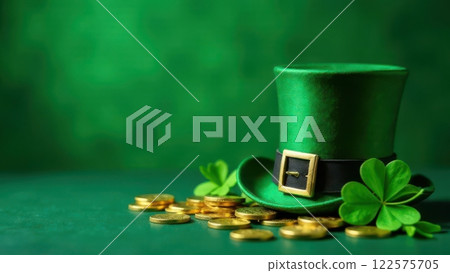 Green Top Hat With Gold Coins And Four Leaf Clovers On Green Background 122575705