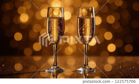Two elegant champagne glasses with bubbles on a golden background. 122575706