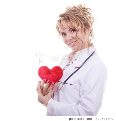 Female cardiologist with red heart. 122575789