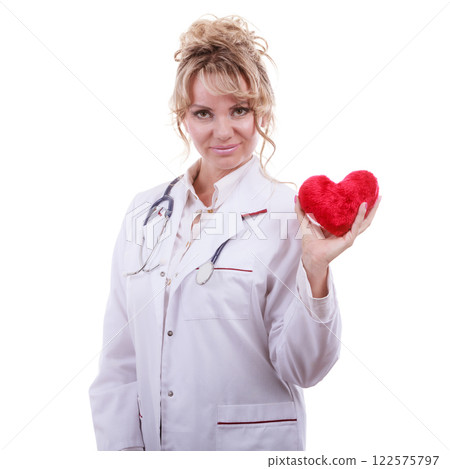 Female cardiologist with red heart. Female cardiologist with red heart. 122575797