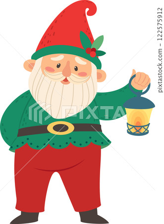 Cute Christmas gnome wearing traditional green clothes and a red hat, holding a lantern with a lit candle, a festive character full of holiday spirit 122575912
