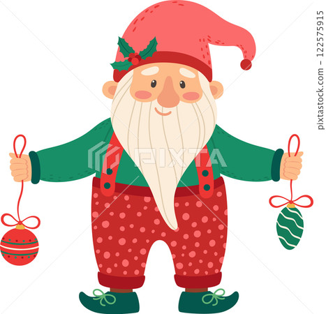 Christmas gnome with long white beard, wearing red and green clothes, holding two colorful Christmas baubles in his hands, celebrating Christmas holidays, isolated on white background 122575915