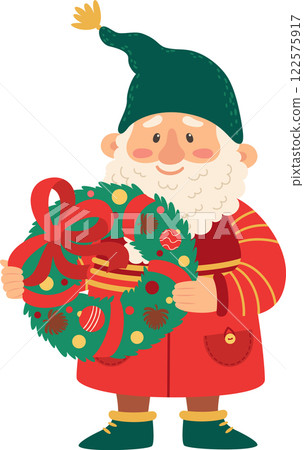 Christmas gnome featuring a long white beard, dressed in a red coat and green hat, joyfully holding a festive wreath adorned with a red ribbon, colorful balls, pine cones, and a gift box Christmas gnome featuring a long white beard, dressed in a red coat and green hat, joyfully holding a festive wreath adorned with a red ribbon, colorful balls, pine cones, and a gift box 122575917