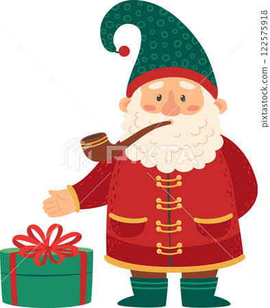 Cartoon illustration featuring a cheerful Christmas gnome, smoking a pipe while proudly presenting a green wrapped gift adorned with a red ribbon, set against a clean white background 122575918