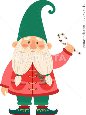 Cute christmas gnome wearing traditional red coat and green hat, holding a candy cane with a mistletoe leaf in his pocket, isolated on white background 122575919